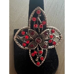 Gothic Floral Adjustable Ring‎ Red Rhinestones Medieval Revival Catherdral Style